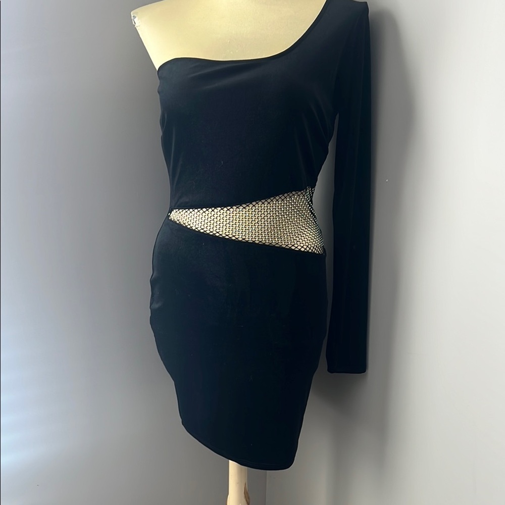 Velour Black One-Shoulder Dress with Accents